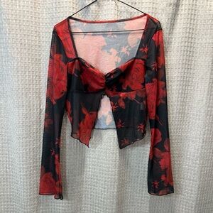 Chic Milkmaid Black and Red Floral Mesh Blouse